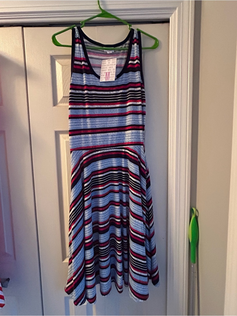 LuLaRoe Nicki- Women's Sleeveless Striped Casual Dress - Blue, Black & Red